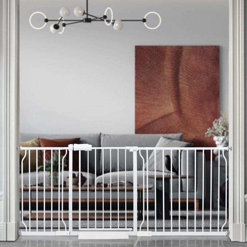 Photo 1 of BELABB Extra Wide Baby Gate Tension Indoor Safety Gates White Metal Large Pet Gate Pressure Mounted Walk Through Long Dog Gate for The House Doorways Stairs (71.6 Inch-76.3 Inch/182cm-194cm, White)
