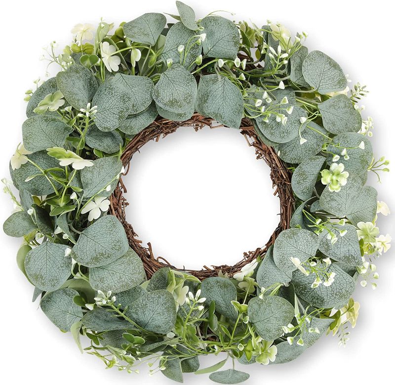 Photo 1 of Artificial Eucalyptus Wreath, ASLSQYN Lucky Four-Leaf Clover Wreath, Ideal Spring/Summer Green Wreath, 18-inch Handmade Grapevine Wreath Decoration
