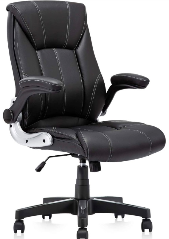 Photo 1 of KERMS Ergonomic Executive Home Office Chair, High Back Swivel Computer Desk Chair with Flip up Arms and Height Adjustment (Black - Leather)