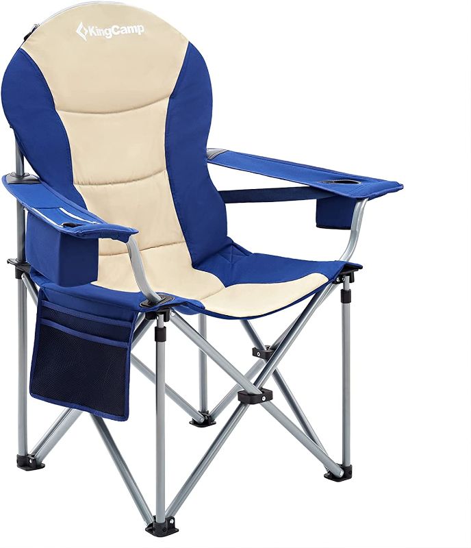 Photo 1 of 2 COUNT OF KingCamp Oversized Heavy Duty Padded Outdoor Camping Folding Chairs with Lumbar Back Support, Cooler, Armrest, Cup Holder, Side Pocket, Supports 353 lbs 
