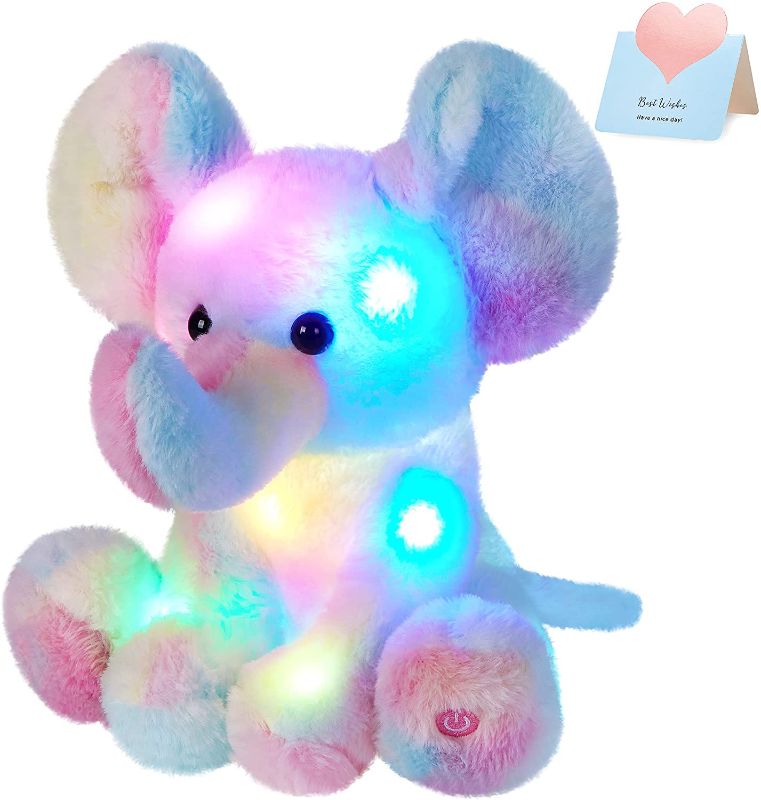 Photo 1 of Glow Guards 12’’ Light up Rainbow Elephant Stuffed Animals LED Wildlife Soft Plush Toy with Night Lights Lullaby Ideal Birthday for Toddler Kids
