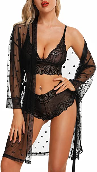 Photo 1 of RSLOVE Women Sexy Lingerie Set 3 Piece Lace Kimono Robe with Bra and Panty Sheer Sleepwear XL
