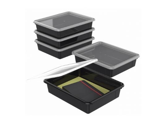 Photo 1 of Storex Flat Storage Tray with Lid, Letter Size, 10 x 13 x 3 Inches, Black, 5-Pack**
