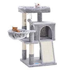 Photo 1 of 41.34 inches Cat Tree with Scratching Board, 2 Luxury Condos, Cat Tower with Padded Plush Perch and Cozy Basket, Light Gray MPJ004W
