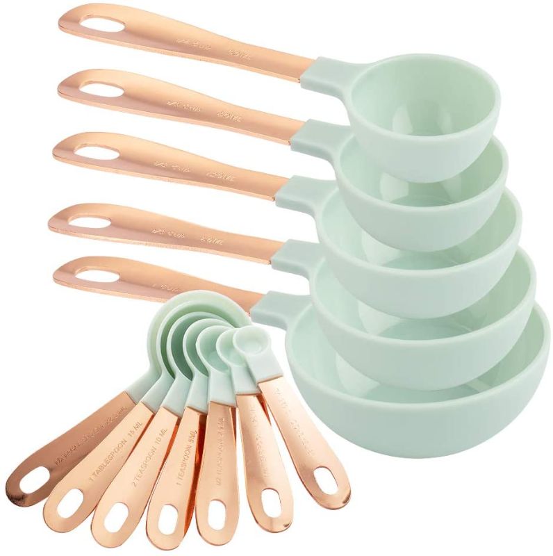 Photo 1 of COOK WITH COLOR Measuring Cups Set - 12 PC. Plastic Nesting Kitchen Measuring Set and Spoons with Copper Coated Stainless Steel Handles - Liquid Measuring Cup Set - Dry Measuring Cup Set (Mint)
