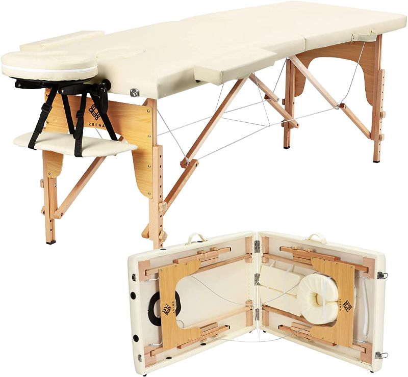 Photo 1 of ZEENA Portable Massage Table - Lightweight Therapy Salon Bed for Massage, Facials, Home, Foldable, Sturdy & Adjustable with Face Cradle & Height Adjustable Headrest (Cream)
