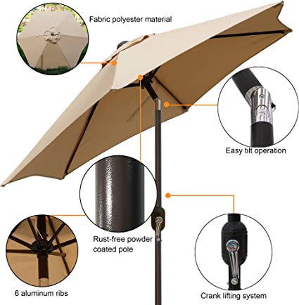 Photo 2 of Blissun 7.5 ft Patio Umbrella, Yard Umbrella Push Button Tilt Crank (Tan)
