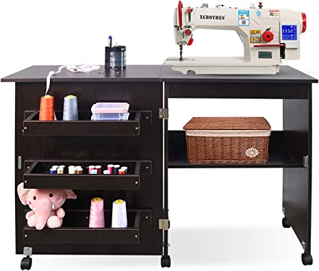 Photo 1 of charaHOME Folding Sewing Table Multifunctional Sewing Machine Cart Table Sewing Craft Cabinet Table with Storage Shelves Portable Rolling Sewing Desk Computer Desk with Lockable Casters(Brown)
