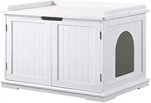 Photo 1 of unipaws Designer Cat Washroom Storage Bench, Litter Box Cover, Sturdy Wooden Structure, Spacious Storage, Easy Assembly, Fit Most of Litter Box, White
