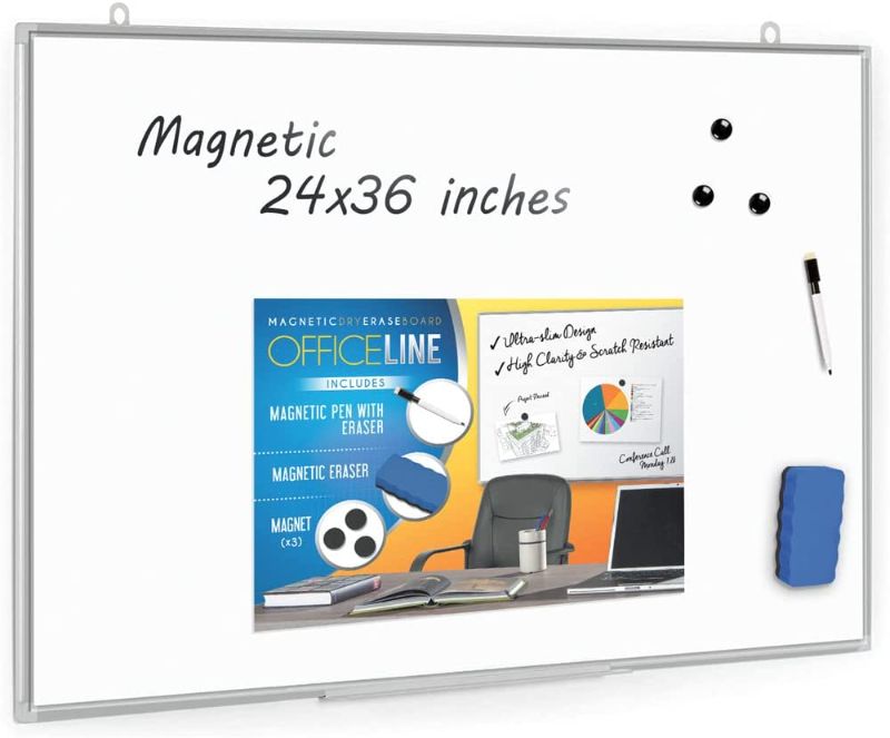 Photo 1 of Officeline Ultra-Slim, Lightweight Magnetic Dry Erase Board & Accessories (Includes Magnetic Whiteboard Pen & Pen Tray, 3 x Magnets & Eraser) (24 x 36 Inch)
