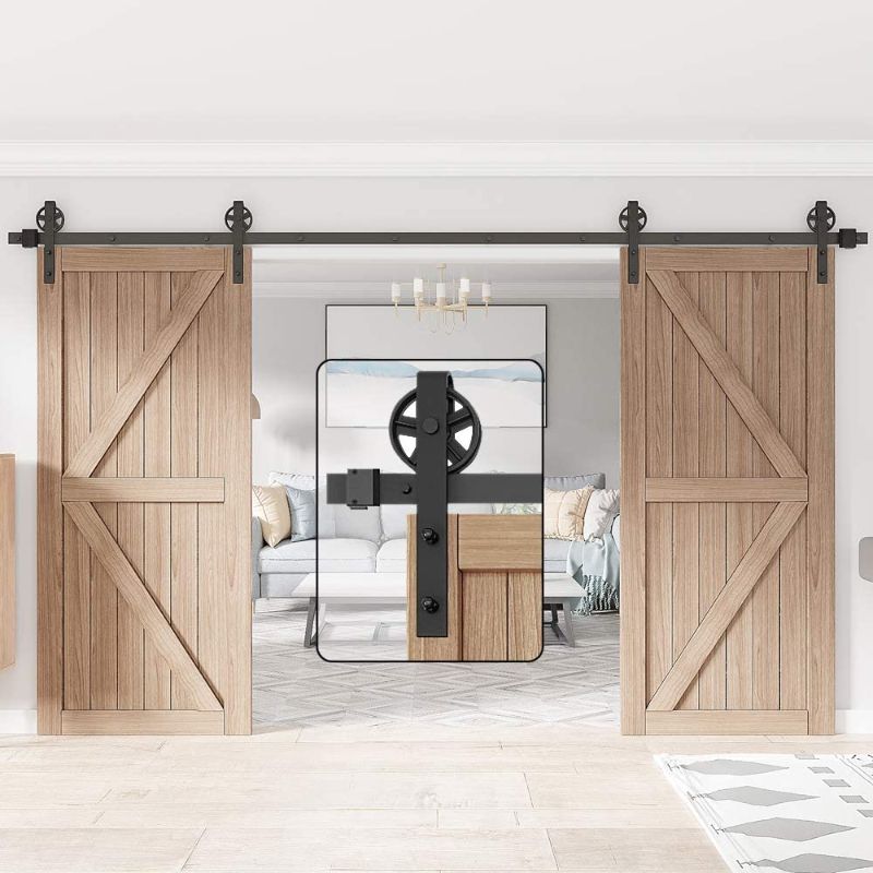 Photo 1 of WINSOON 12FT Wood Double Sliding Barn Door Hardware Basic Black Big Spoke Wheel Roller Kit?5-18FT for Choose
