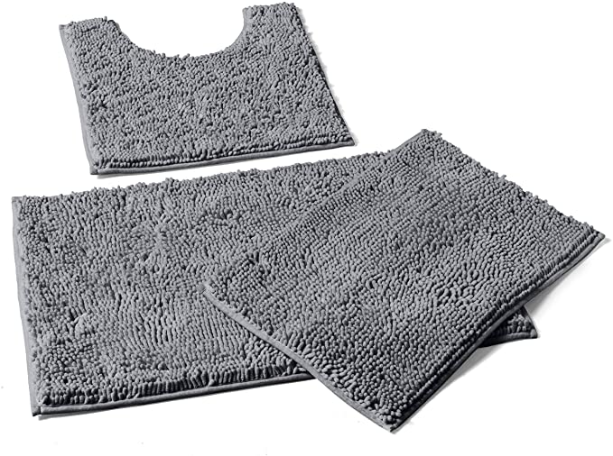 Photo 1 of Bathroom Rugs Sets 3 Piece, Includes U-Shaped Contour Toilet Mat, 20 x 30'' and 16 x 24'' Bath Mat, Non-Slip Shaggy Gray Bathroom Rugs and Mats Sets, Machine Washable, Light Grey
