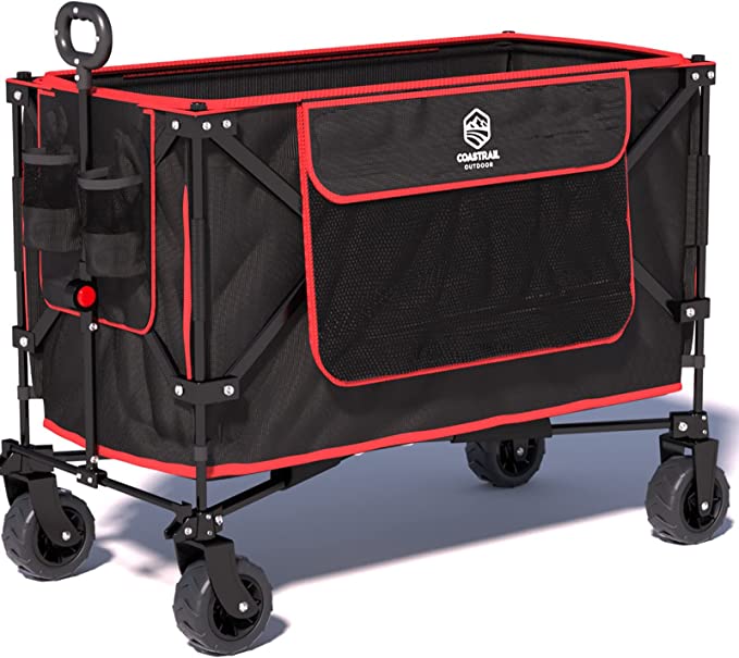 Photo 1 of Coastrail Outdoor X-Large Collapsible Folding Wagon Utility Garden Cart with Side Pockets, Heavy Duty 180 lbs All Terrain Large Wheels & Foldable Handle for Camping Grocery Sports Shopping, Black
