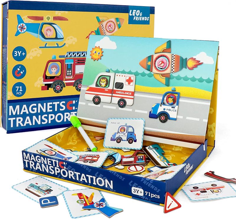 Photo 1 of LEO & FRIENDS 71 Pcs Magnetic Jigsaw Puzzles, Traffic Puzzle Board with Drawers for Kids Ages 3-5, Imagination Magnets Traffic Sign and Vehicle Recognition Toys Preschool Educational Toys Set for Boys
