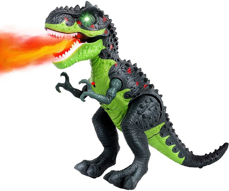 Photo 1 of FiGoal Electric T-Rex Dinosaur Toy with Simulated Fire LED Light Up Water Spray and Roaring Sound Walking Tyrannosaurus Toy for Kids and Toddlers
