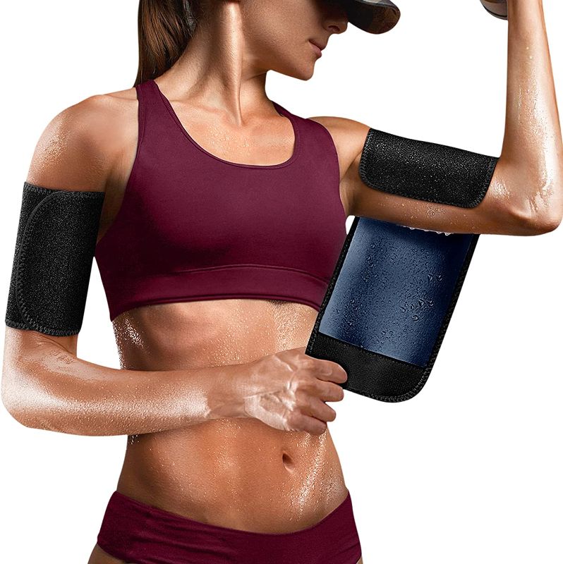 Photo 1 of Cimkiz Arm Trimmers for Women Pair Black Sauna Arm Sweat Bands Adjustable Arm Trainer Sleeves for Sports
