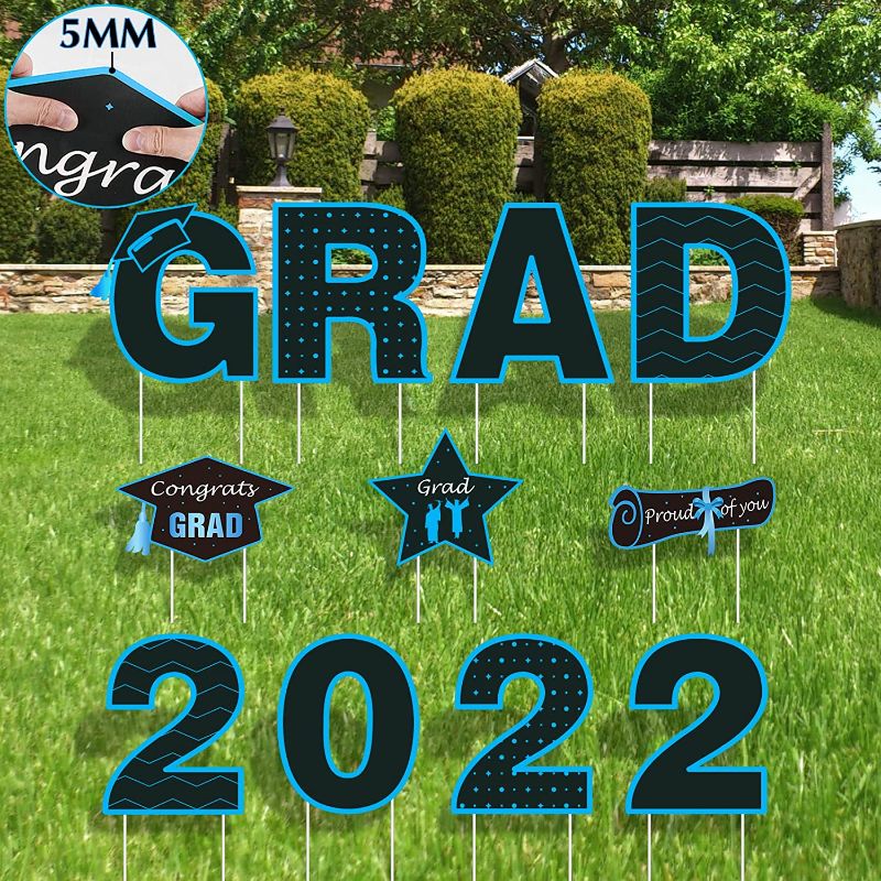 Photo 1 of YEHUARIS 11 Pieces Graduation Yard Sign with 22 Stakes 2022,5mm Thick Congrats Grad Lawn Signs Graduation Party Decorations 2022,Waterproof and Very Study Lawn Decorations for Graduation Party Supplies Outdoor Lawn Decorations (Blue)

