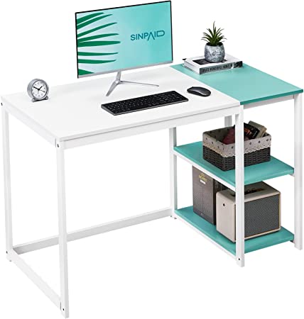 Photo 1 of SINPAID Computer Desk 40 inches with 2-Tier Shelves Sturdy Home Office Desk with Large Storage Space Modern Gaming Desk Study Writing Laptop Table, Black Marbling (White & Blue, 40)
