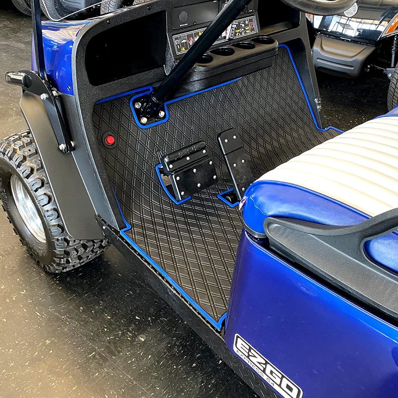 Photo 1 of Xtreme Mats EZGO Golf Cart Mat, Full Coverage Floor Liner - Only Fits EZGO TXT (1994+), Express S4 (2012-2020), Valor, & Workhorse - Black with Blue Trim
