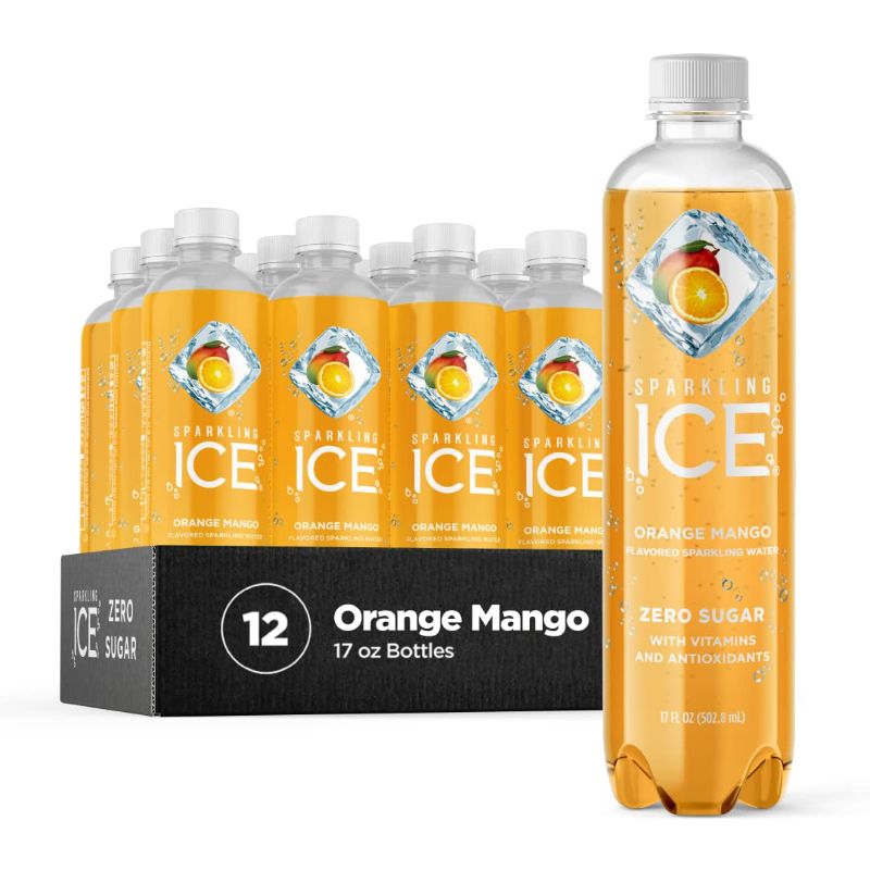 Photo 1 of (Pack of 12)  Sparkling Ice, Orange Mango Sparkling Water, Zero Sugar Flavored Water, with Vitamins and Antioxidants, Low Calorie Beverage, 17 fl oz Bottles BB 07 17 2022 
