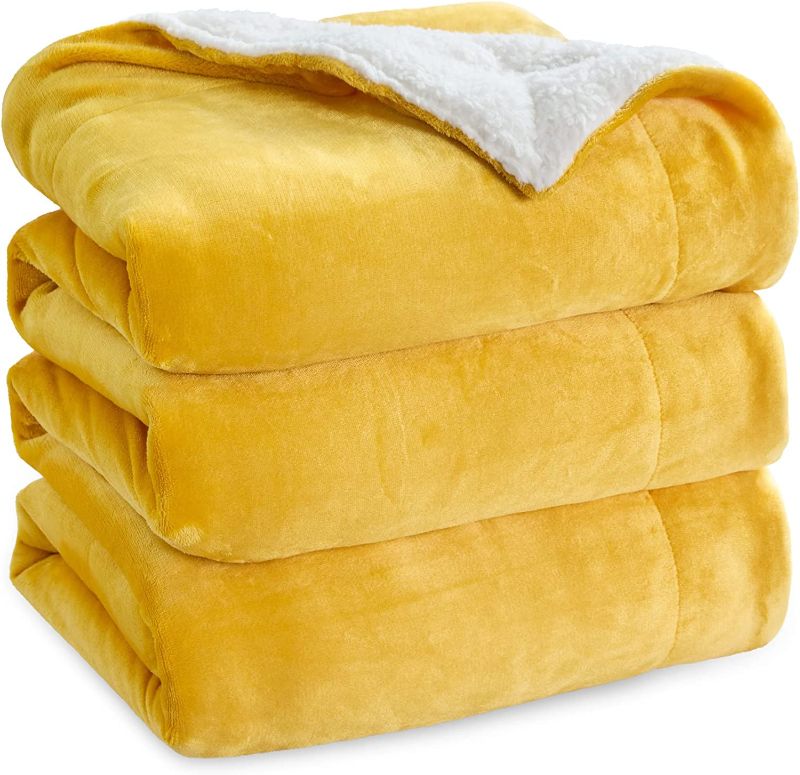 Photo 1 of Bedsure Sherpa Fleece King Size Blanket for Bed - Yellow Gold Mustard Golden Thick Fuzzy Warm Soft Large Blankets King Size, 108x90 Inches
