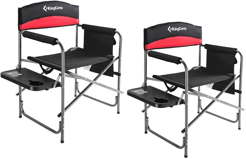 Photo 1 of KingCamp 2 Pack Heavy Duty Camping Chair Folding Director Chair Supports 400lbs Oversized Camp Chair for Adults Padded Seat Lawn Folding Chair with Side Table and Side Pockets (Black/Red)
