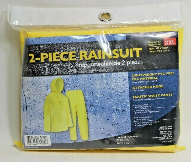 Photo 2 of 2-Piece Rainsuit with Hood Lightweight Polyester Yellow -2 Size XXL - 1 Size L/XL New!