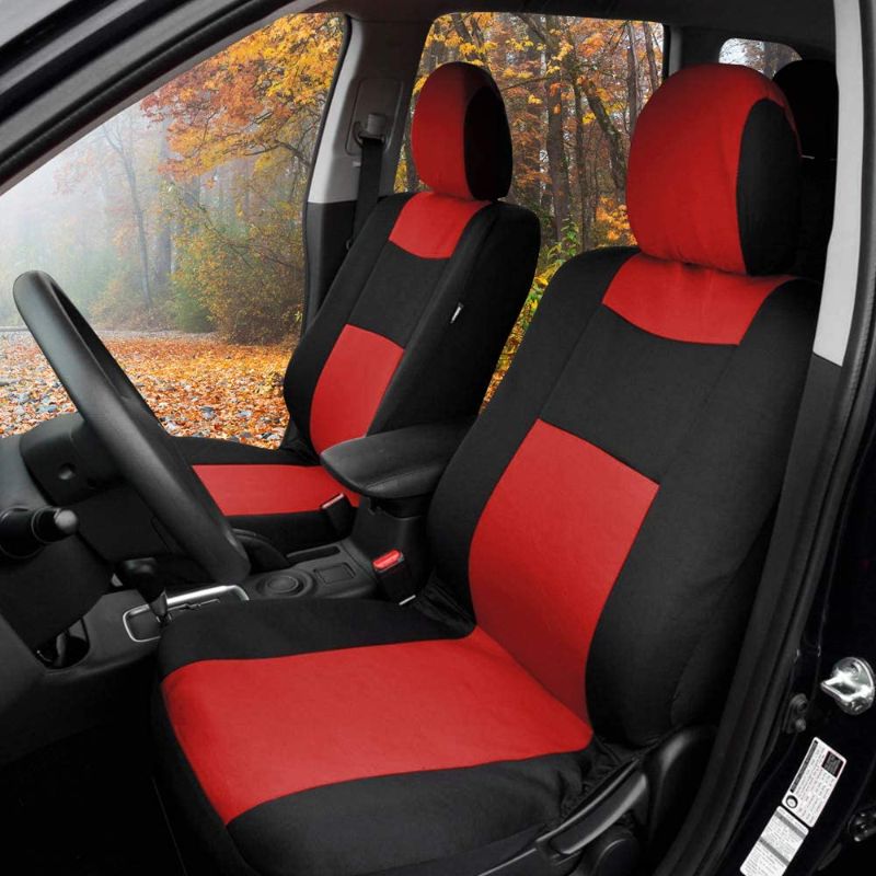 Photo 1 of BDK PolyPro Car Seat Covers Full Set in Red on Black – Front and Rear Split Bench Car Seat Cover, Easy to Install, Interior Covers for Auto Truck Van SUV
