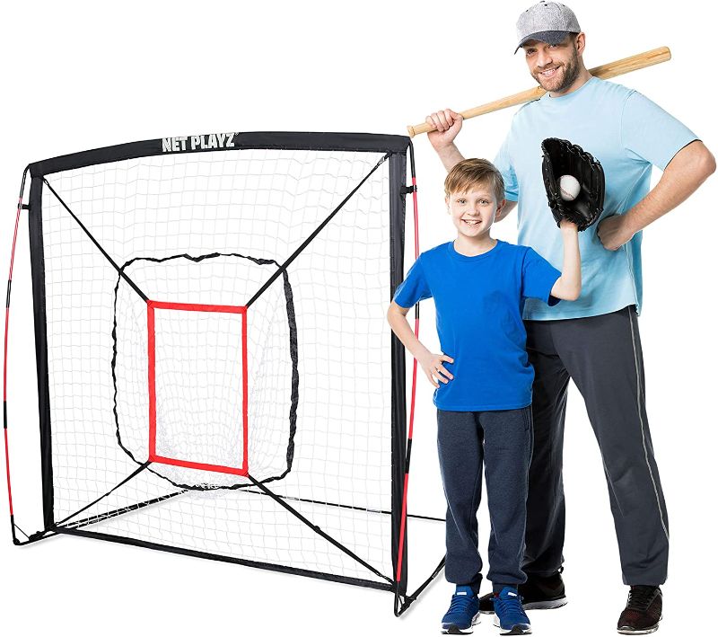 Photo 1 of NET PLAYZ 5' x 5' Baseball & Softball Practice Hitting & Pitching Net Similar to Bow Frame, Great for All Skill Levels, Pop up/Easy Fold up/ Fiberglass Frame, Light Weight, Portable
