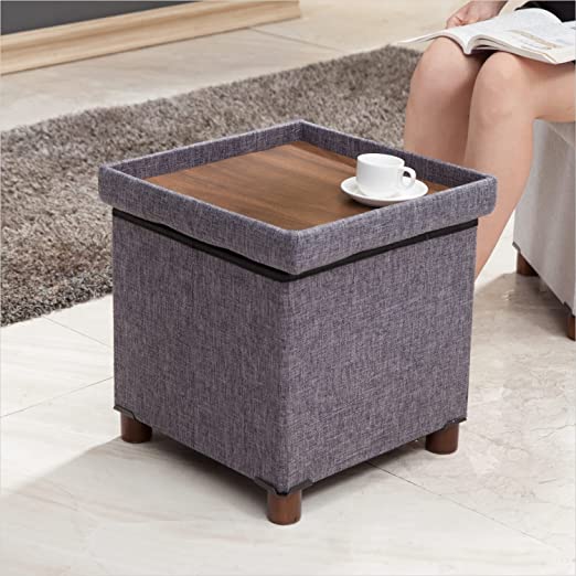 Photo 1 of 15 Inches Storage Ottoman with Wooden Legs Cube Foot Rest Stool, Square Footstool Storage, Ottoman with Storage for Living Room, Foldable Fabric Ottoman, Comfortable Seat with Lid, Space-Saving Grey
