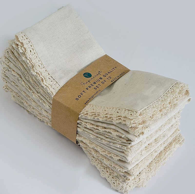 Photo 1 of 20X20 inch Oversized Dinner Napkins Cotton Flax 12 Pack Natural Premium Quality Mitered Corners With Elegant Lace for Everyday Use Napkins are Pre Shrunk And Good Absorbency With Lace Ivory
