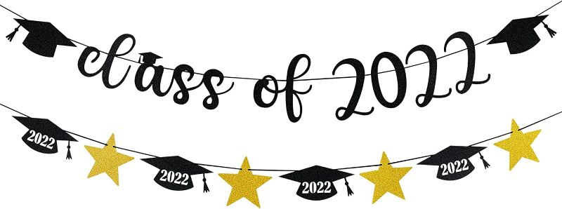 Photo 1 of Black Glitter Class of 2022 Banner and Glitter Graduation Cap Star Banner - 2022 Graduation Decorations, 2022 Graduation Party Supplies, Graduation Banner 2022, Graduation Cap Banner
