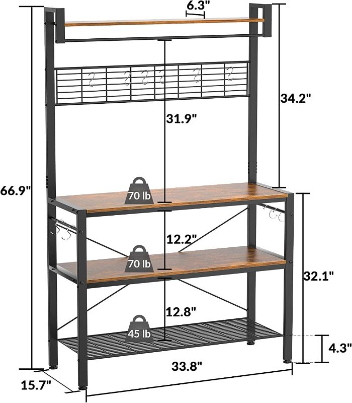 Photo 1 of Armocity Kitchen Bakers Rack with Hutch, Industrial Microwave Stand 4-Tier Utility Storage Shelf Rack, Free Standing Coffee Station with 10 Hooks, Rustic Brown
