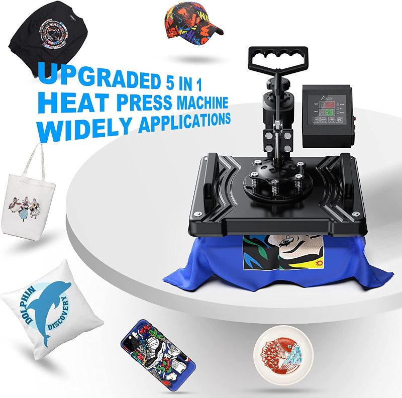 Photo 2 of Heat Press Machine, 12x15 Inch 5 in 1 Heat Transfer Machine, 360-degree Swing Away Digital Multifunctional Sublimation Heat Press Transfer Machine for T Shirts Cap Mug Hat Plate HTV Vinyl Projects
