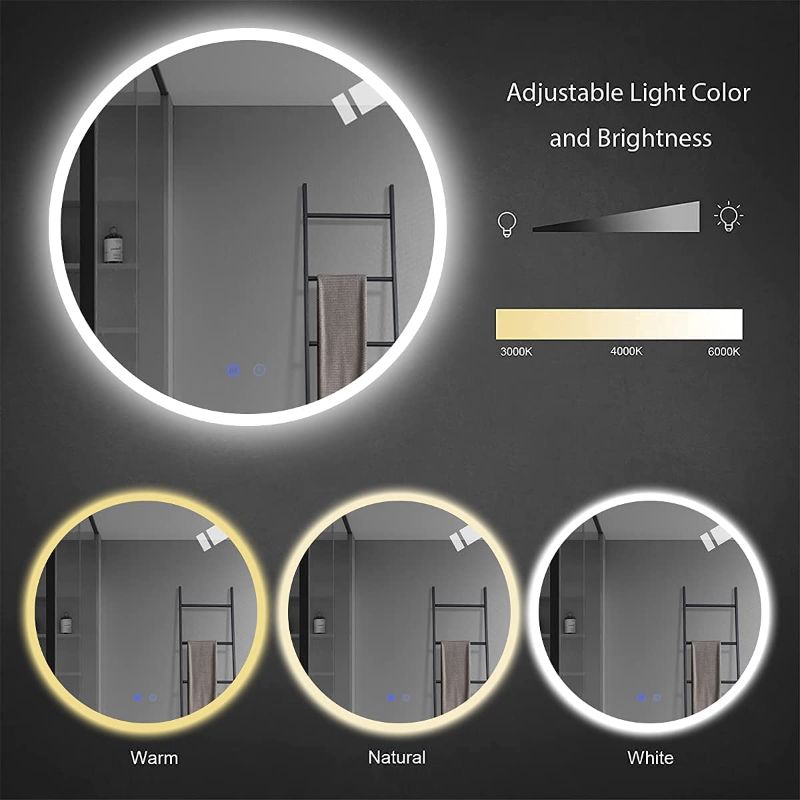 Photo 3 of 24" Round LED Bathroom Mirror Wall-Mounted Vanity Anti-Fog Mirror Dimmable 3 Color Adjustable Light LED Makeup Mirror
