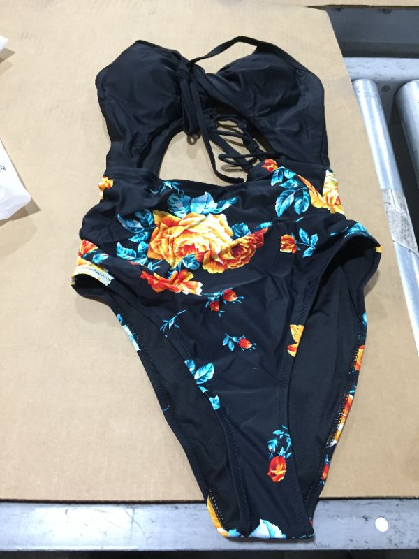 Photo 2 of Black Floral Print Halter One Piece Swimsuit
