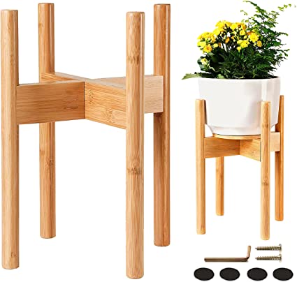 Photo 1 of Bamboo Wood Plant Stand Indoor - Adjustable, Fits 8 10 and 12 Inch Pots - House Plant and Flower Planter Holder

