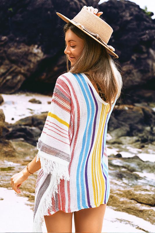 Photo 2 of Colorful Vertical Stripes Square Cover Up With Tassels
SIZE: ONE SIZE. 