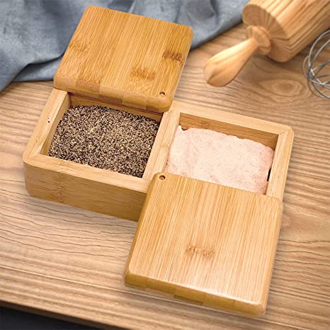 Photo 2 of Bam & Boo - Natural Bamboo Multi-Purpose Storage Box w. Swivel Lid (2-Compartments) - for Salt, Sugar, Spices, Herbs or Office Supplies, 8.6 x 4.3 x 2.75 in, (B-262-1)
