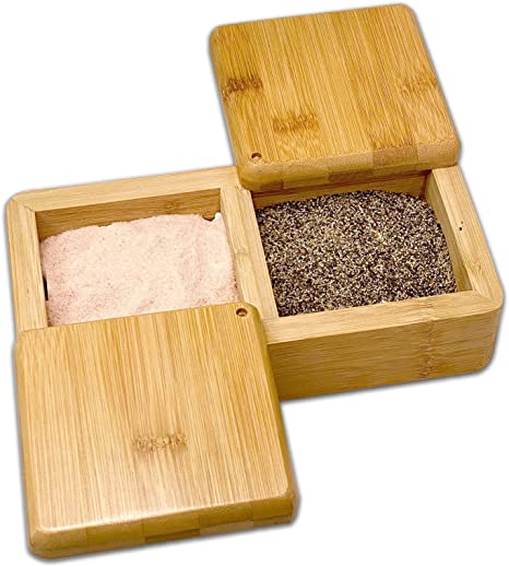 Photo 1 of Bam & Boo - Natural Bamboo Multi-Purpose Storage Box w. Swivel Lid (2-Compartments) - for Salt, Sugar, Spices, Herbs or Office Supplies, 8.6 x 4.3 x 2.75 in, (B-262-1)
