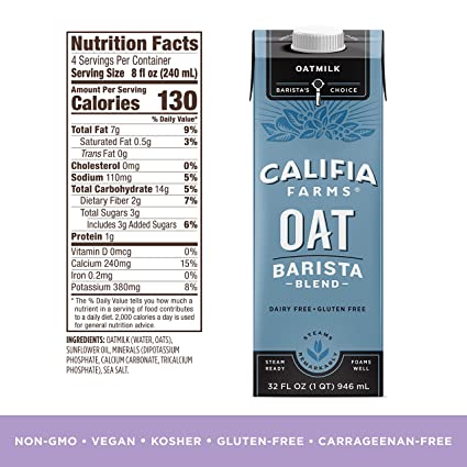 Photo 2 of Califia Farms - Oat Milk, Unsweetened Barista Blend, 32 Fl Oz (Pack of 6) | Shelf Stable | Non Dairy Milk | Creamer | Vegan | Plant Based | Gluten-Free | Non-GMO
05/2022.