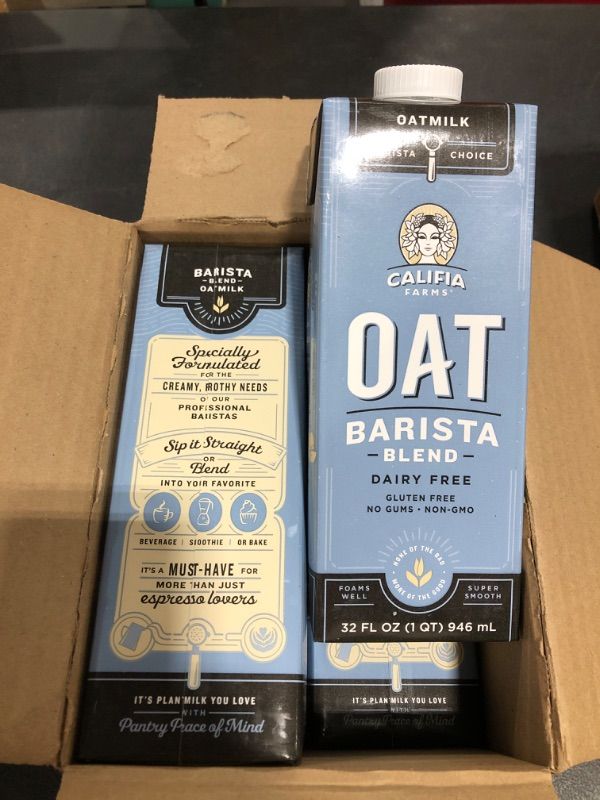 Photo 3 of Califia Farms - Oat Milk, Unsweetened Barista Blend, 32 Fl Oz (Pack of 6) | Shelf Stable | Non Dairy Milk | Creamer | Vegan | Plant Based | Gluten-Free | Non-GMO
05/2022.