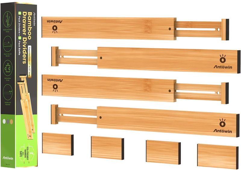 Photo 1 of ANTOWIN Bamboo Drawer Dividers Organizers, Drawer Separators Splitter,17-22 inches Long Adjustable Spring-loaded Organizer for Large Utensil, Clothes, Tools Drawers (4+4)