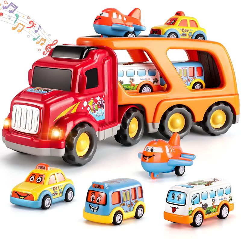 Photo 1 of TEMI Toddler Carrier Truck Transport Vehicles Toys - 5 in 1 Toys for 3 4 5 6 7 Year Old Boys, Kids Toys Car for Girls Boys Toddlers Friction Power Set, Push and Go Play Vehicles Toys
