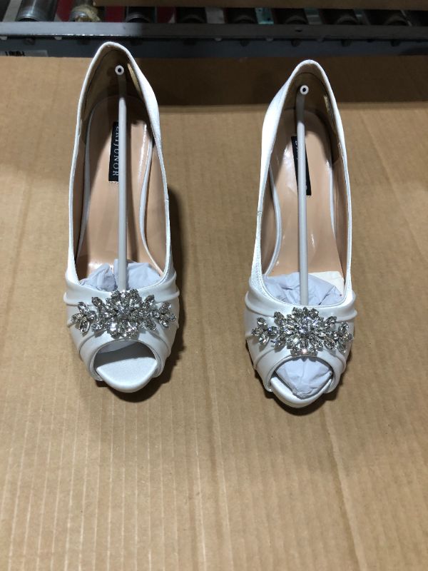 Photo 3 of ERIJUNOR Peep Toe Mid Heels for Woman Rhinestones Satin Evening Prom Wedding Shoes sz 7
