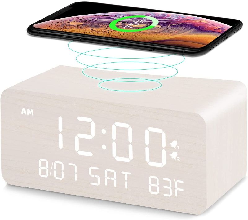 Photo 1 of Andoolex Wooden Digital Alarm Clock with Wireless Charging, 0-100% Adjustable Brightness Dimmer and Alarm Volume, Weekday /Weekend Mode, Dual Alarm, Snooze, 12/24H, Wood LED Clock for Bedroom (White)
