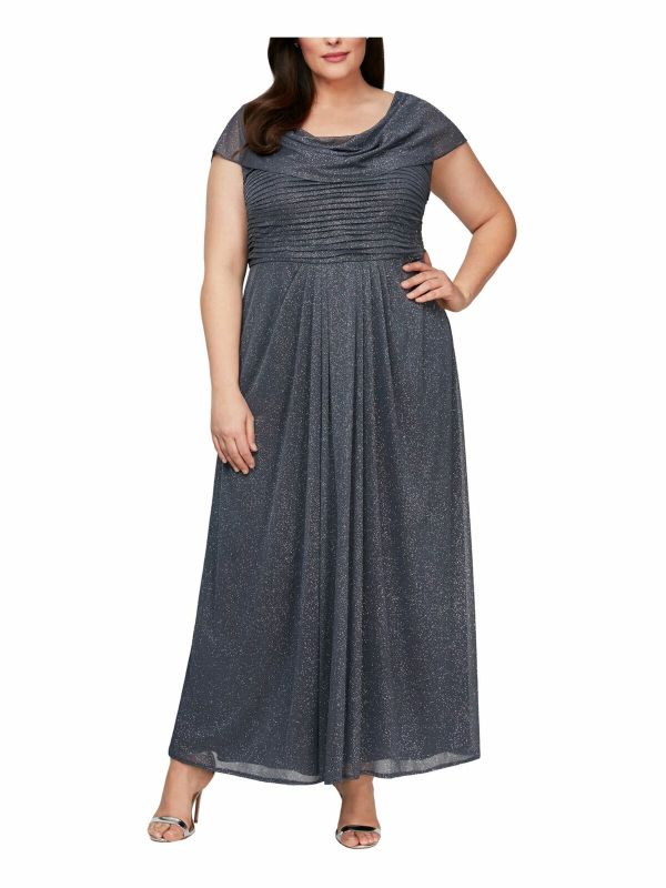 Photo 1 of ALEX EVENINGS Womens Gray Cap Sleeve Maxi Evening Fit + Flare Dress Plus 18W
