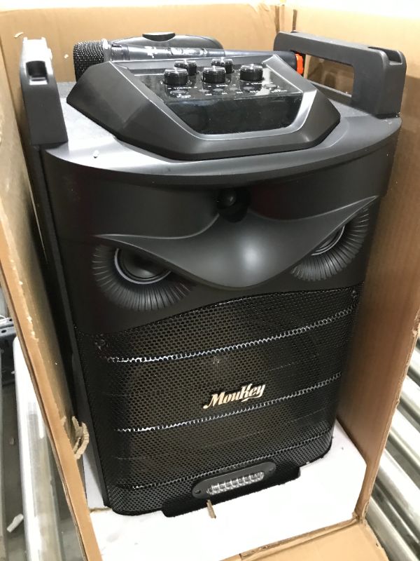 Photo 2 of Moukey Karaoke Machine, Outdoor Speaker 10" Subwoofer PA System, Portable Bluetooth Speaker with Wireless Microphone, Remote, Disco Lights and Wheels, Bass Boost, Supports TWS/REC/AUX/MP3/USB/TF/FM
