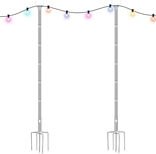 Photo 1 of Brillihood Outside String Light Poles, (2X 10ft) Height Adjustable Stainless Steel Pole Stand for Hanging String Lights + Used for Patio, Backyard, Garden, Christmas, Café Wedding Light Décor
