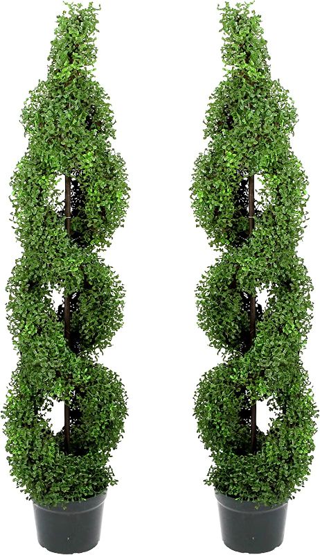 Photo 1 of Admired By Nature 2 x 5' Artificial Boxwood Leave Double Spiral Topiary Plant Tree in Plastic Pot, Green, Twin Pack
